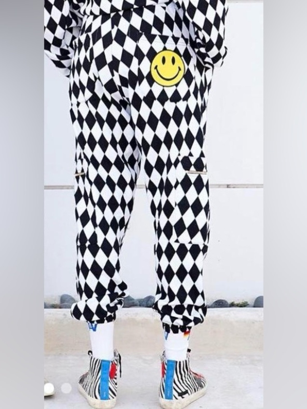 RARE Aviator Nation Diamond Repeat Smiley Cargo Sweatpants Black White XS